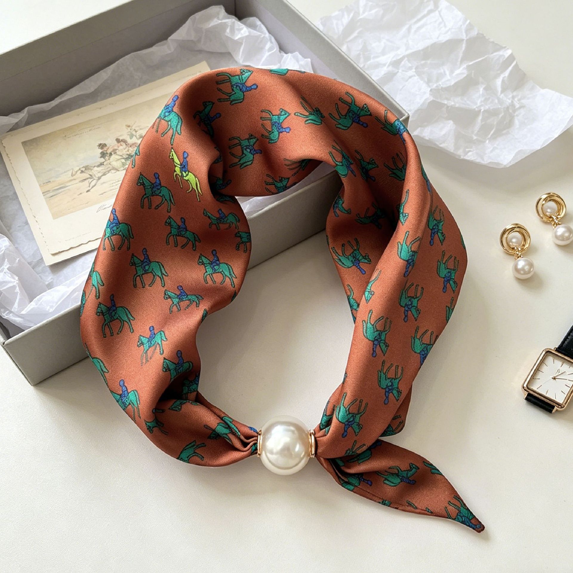 Ascot Neck Scarf - 高級騎士パール磁気スカーフ女性夏多用途通気性ネッカチーフファッション芸術アクセサリーネックラップスカーフ