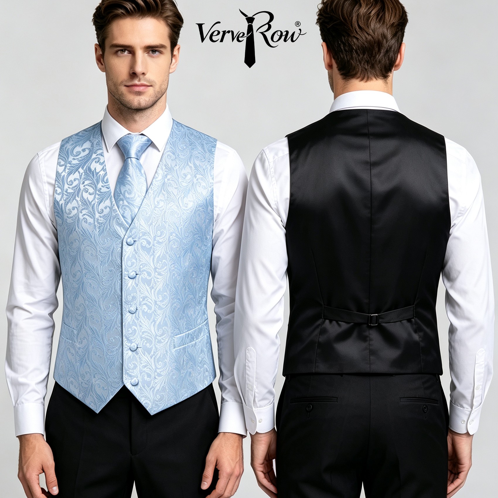 Pocket Square Set - ライトブルー ジャカード ベスト ネクタイ ポケットチーフ 3点セット