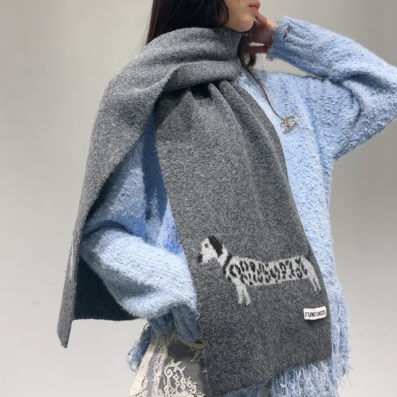 Muffler Men Wool - 韓国版ウール混紡子犬柄ジャカードスカーフ男女兼用暖かい多用途ソフトマフラー秋冬厚手ショール保温スカーフ