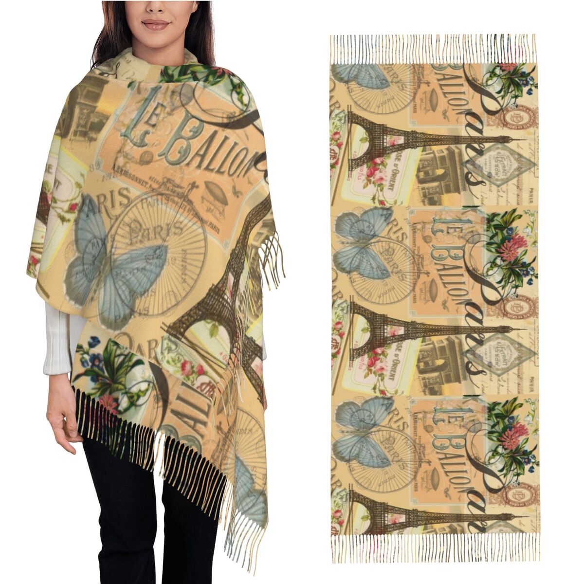 Pashmina Wrap Large - ショールラップ女性冬大判ロングスカーフヴィンテージフレンチパリロンドンフラワーレトロエッフェル塔花柄パシュミナショールスカーフ