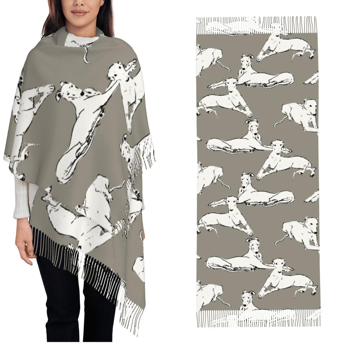 リラックスできるグレイハウンド・ウィペット柄の女性用秋冬パシ - Pashmina Wrap Large のレビューと価格