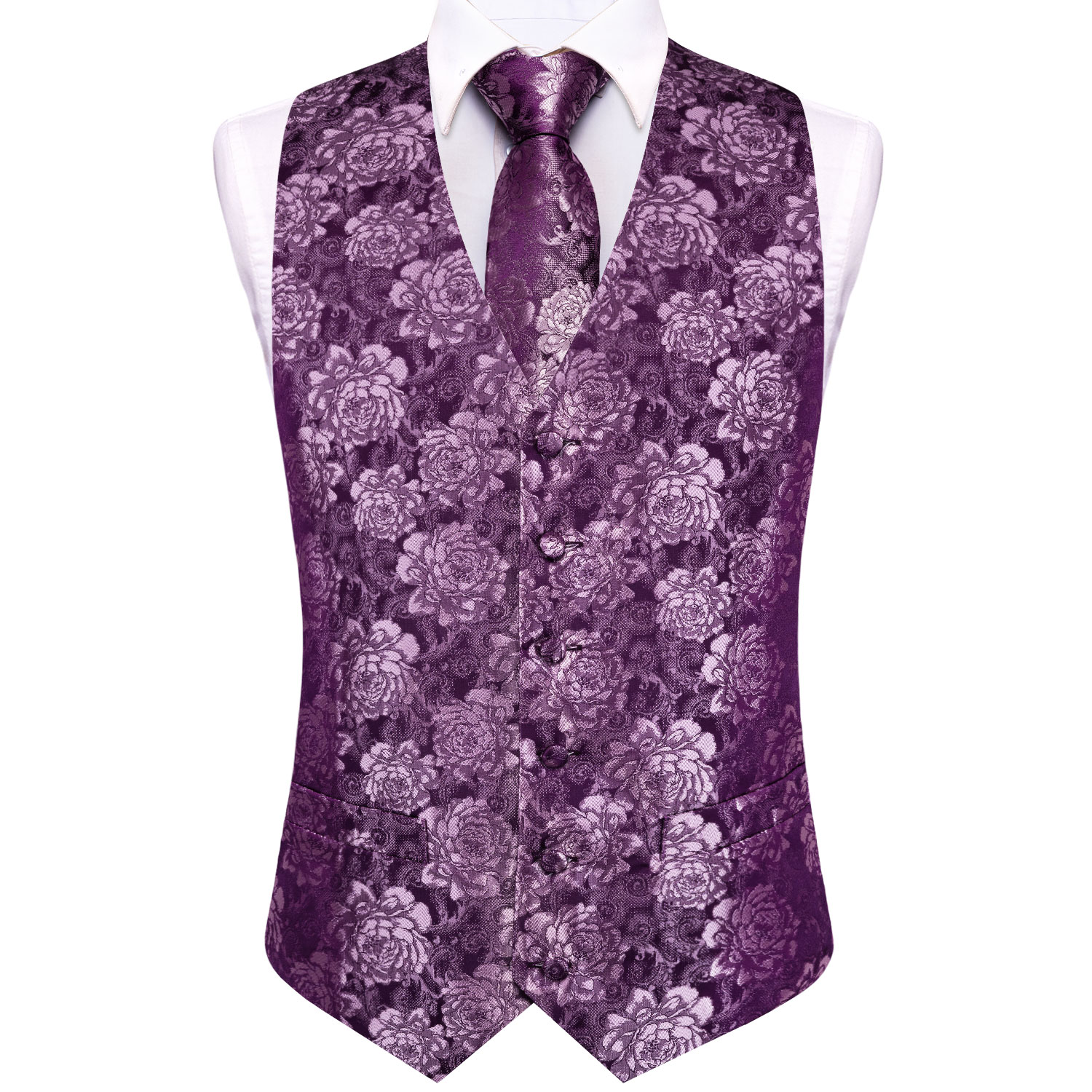紫の花柄ローズメンズベスト5点セット、ベスト、ネクタイ、ポケ - Pocket Square Set のレビューと価格