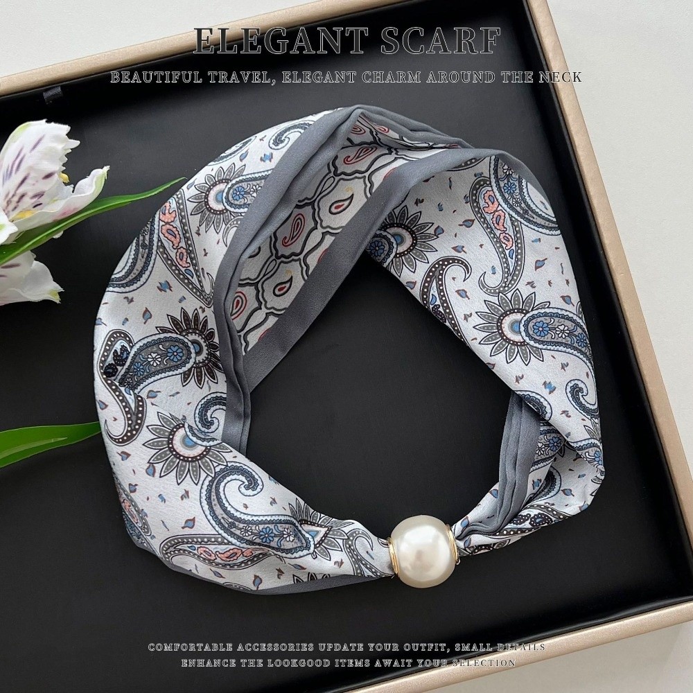 エレガントなマグネット式留め具付きパールシルクスカーフ、薄く - Ascot Neck Scarf のレビューと価格
